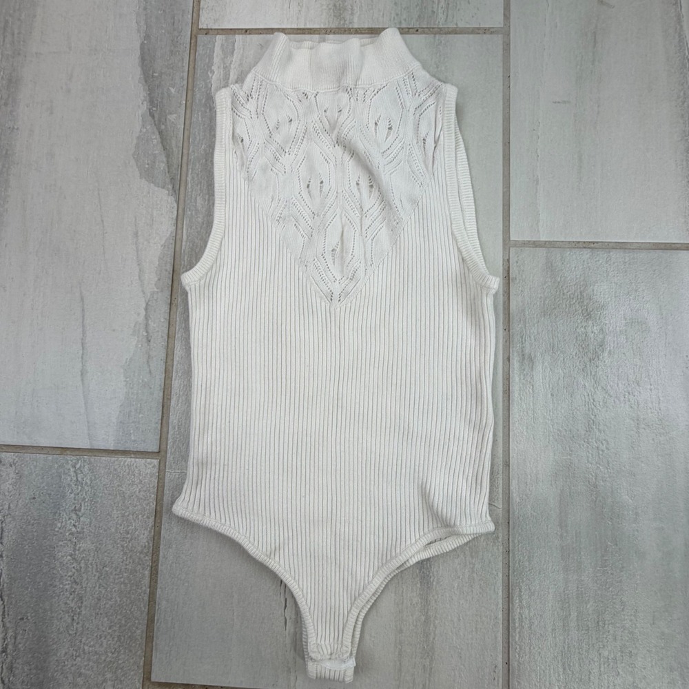 Intimately Free People Ivory Ribbed Pointelle Mock Neck Bodysuit XS